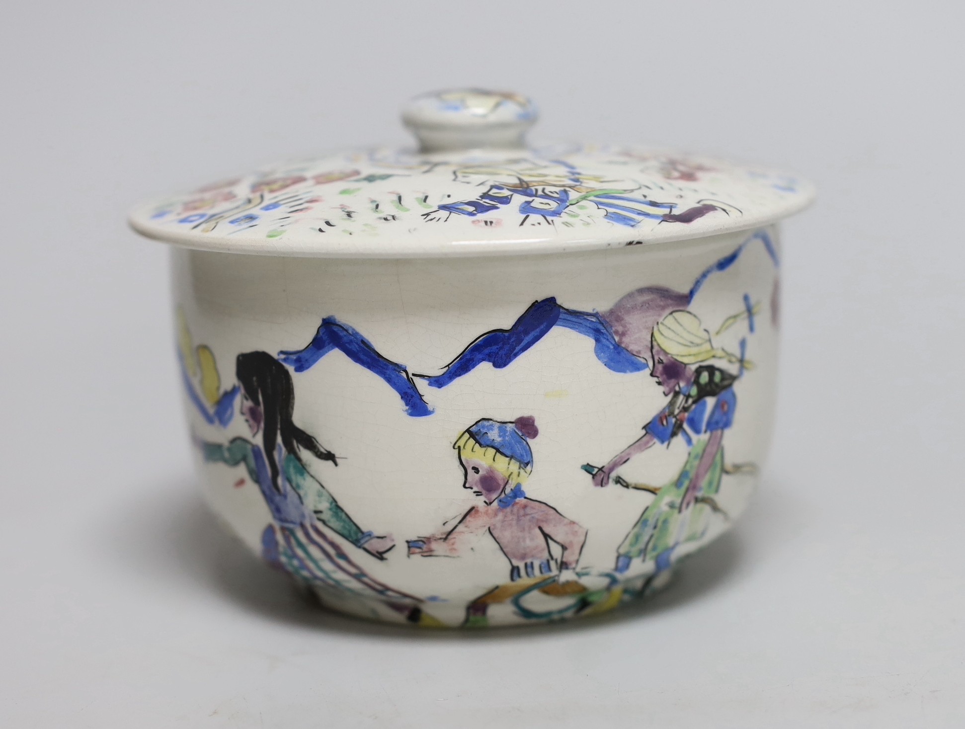 Jessie Marion King (1875-1949). A porridge bowl and cover, decorated with children playing, 9cm